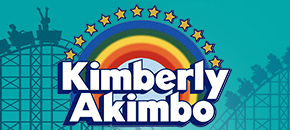 The text "Kimberly Akimbo" in large, bold white letters with a dark blue outline, centered beneath an arc of yellow stars and a rainbow against a teal background. The logo is flanked on both sides by silhouettes of roller coaster cars carrying passengers.