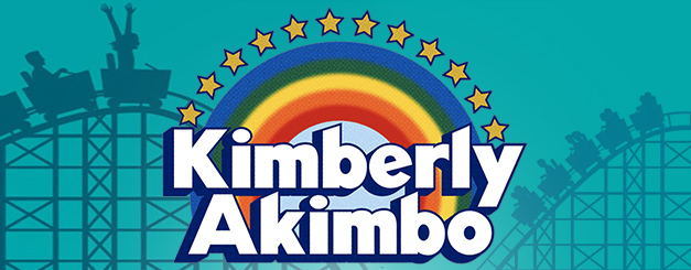 The text "Kimberly Akimbo" in large, bold white letters with a dark blue outline, centered beneath an arc of yellow stars and a rainbow against a teal background. The logo is flanked on both sides by silhouettes of roller coaster cars carrying passengers.