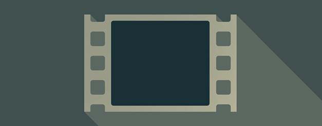 A flat design illustration of a film strip with a dark teal screen and a beige border, casting a long shadow to the right against a muted green background.