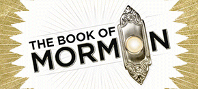 The words "THE BOOK OF MORMON" in bold black text with a metallic sheen, superimposed over a radiating white background with gold art deco-style zigzag accents on the left and right. To the right of the text is an ornate, silver, oval-shaped doorknob with a pearl-like button in the center.