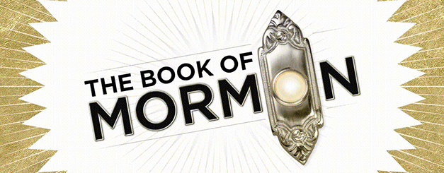 The words "THE BOOK OF MORMON" in bold black text with a metallic sheen, superimposed over a radiating white background with gold art deco-style zigzag accents on the left and right. To the right of the text is an ornate, silver, oval-shaped doorknob with a pearl-like button in the center.
