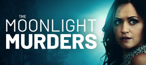 Title card for "The Moonlight Murders" featuring Harley Bronwyn as May, a woman with dark hair looking back with an alert expression, standing in front of Clayton Louis as Zeke, a man wearing a dark hoodie. The background is a moody, blue-toned night scene.