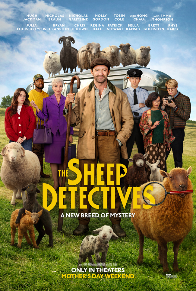 Movie poster for "The Sheep Detectives" featuring the cast and various sheep in a grassy field. Hugh Jackman, in a brown jacket and cap, stands in the foreground holding a shepherd's crook. A large brown sheep in the lower right corner holds a magnifying glass in its mouth. Text on the poster reads "THE SHEEP DETECTIVES" and "A NEW BREED OF MYSTERY".