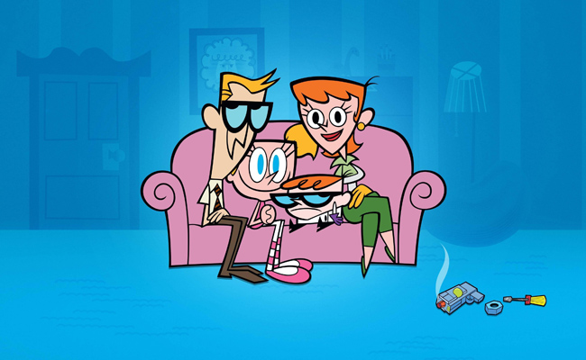 A family of four cartoon characters from "Dexter's Laboratory, featuring two parents and two children, sit on a pink couch against a blue background. A door, portrait, a tall cabinet, a lamp, and a cushion are visible in the background. A child's toy ray gun, a bolt and a screwdriver are seen on the floor in the foreground.