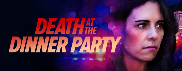 A promotional image for "DEATH AT THE DINNER PARTY" featuring the title in bold, red-yellow lettering. On the right, Candice Lidstone as Andrea Gibbs, a woman with dark hair looks off to the side with a serious, concerned expression. The dark background contains out-of-focus, glowing blue and red bokeh lights, suggesting a crime scene or emergency.