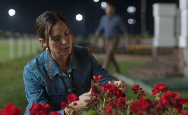 From "Kentucky Roses" Odette Annable as Sadie Green, a woman in a denim shirt inspects bright red flowers in the foreground at night, with a blurry figure walking in the background under bright lights.