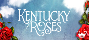 Promotional image for "Kentucky Roses" featuring Andrew Walker as Ash Taylor, a man in a grey suit and Odette Annable as Sadie, a woman in a pink dress standing together. Behind them is a large golden horseshoe against a background of a blue sky with soft clouds. Vibrant red roses with green leaves are positioned in the foreground, and the title "KENTUCKY ROSES" is written in white, elegant lettering across the bottom.