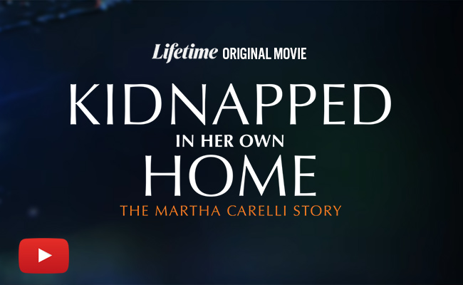 A title card for a Lifetime Original Movie titled "Kidnapped in Her Own Home." The white and orange text is displayed against a dark, moody, blue and black background, with a red YouTube icon in the bottom left corner.
