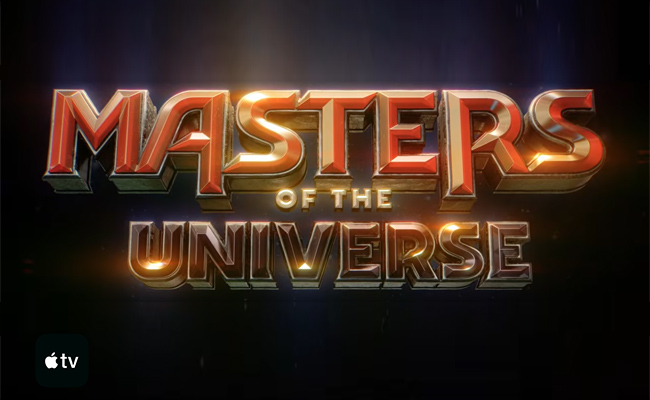 Text "MASTERS OF THE UNIVERSE" in bold, metallic 3D letters with a glowing effect. Dramatic and fantastical tone, set against a dark background. The Apple TV logo is in the bottom left corner.