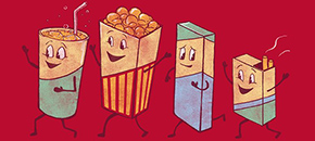 Cartoon illustration against a solid red background featuring four anthropomorphic characters walking in a line: a drink cup with a straw, a carton of popcorn, a small rectangular box, and a pack of cigarettes with two cigarettes and wisps of smoke, all depicted with smiling faces and limbs.
