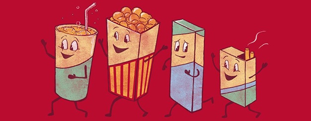 Cartoon illustration against a solid red background featuring four anthropomorphic characters walking in a line: a drink cup with a straw, a carton of popcorn, a small rectangular box, and a pack of cigarettes with two cigarettes and wisps of smoke, all depicted with smiling faces and limbs.