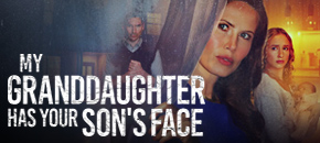 A dramatic film poster titled "My Granddaughter Has Your Son's Face" featuring Robbie Silverman as Pastor David, a man in a sweater vest on the left, Vail Bloom as Suzanne, a woman in a close-up profile in the center, and Tatum Jennings as Carly, a young blonde woman on the right holding a baby, uncredited actor in Luna's role, all presented with a textured, moody atmosphere.
