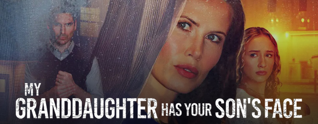 A dramatic film poster titled "My Granddaughter Has Your Son's Face" featuring Robbie Silverman as Pastor David, a man in a sweater vest on the left, Vail Bloom as Suzanne, a woman in a close-up profile in the center, and Tatum Jennings as Carly, a young blonde woman on the right holding a baby, uncredited actor in Luna's role, all presented with a textured, moody atmosphere.