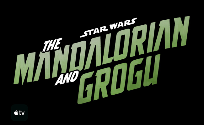 "Star Wars: The Mandalorian and Grogu" title card, with white to green gradient text, with Apple TV logo in the lower left corner, against a black background.