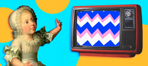 A classical portrait of a child wearing a white lace bonnet and ruffled dress gestures toward a vintage red television set that displays a vibrant blue, white, and pink chevron pattern, all set against a bright cyan background with overlapping yellow circles.