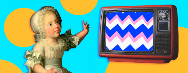 A classical portrait of a child wearing a white lace bonnet and ruffled dress gestures toward a vintage red television set that displays a vibrant blue, white, and pink chevron pattern, all set against a bright cyan background with overlapping yellow circles.