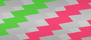 A repeating geometric pattern of offset, diagonal rectangles arranged in alternating rows of light gray, lime green, and magenta.