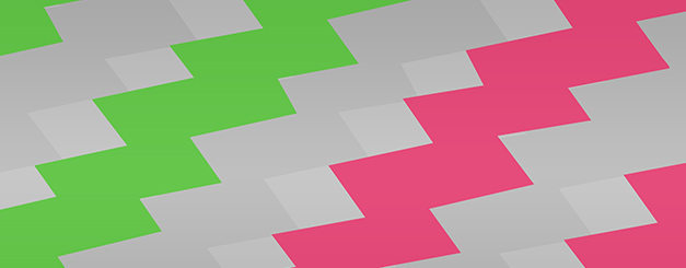 A repeating geometric pattern of offset, diagonal rectangles arranged in alternating rows of light gray, lime green, and magenta.