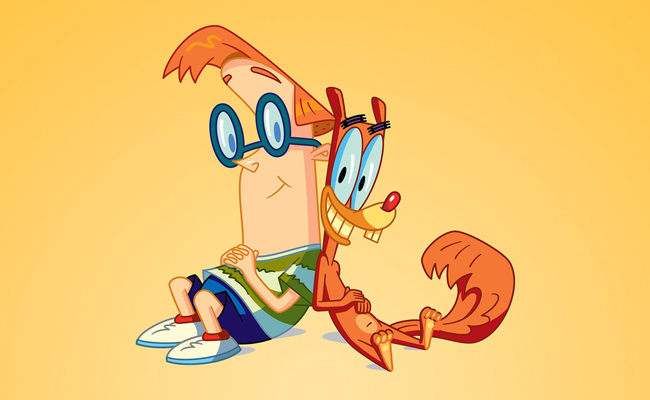Promotional artwork for animated series "Squirrel Boy", featuring a cartoon boy with glasses, green and white horizontal-striped shirt, blue shorts, red socks and white sneakers, and a big-eyed, smiling reddish-brown squirrel sitting back-to-back on an orange background, conveying a playful and friendly tone.
